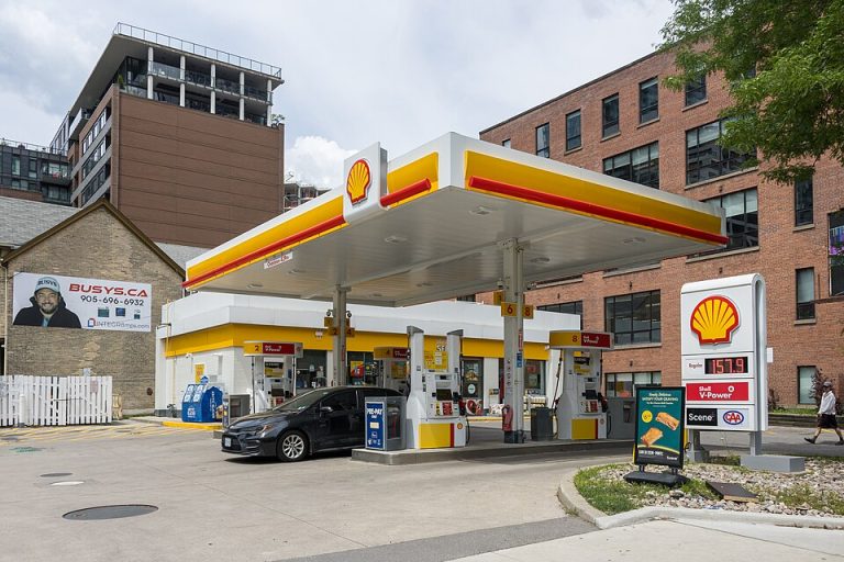 A Shell gas station at Spadina Avenue and Wellington Street in downtown Toronto