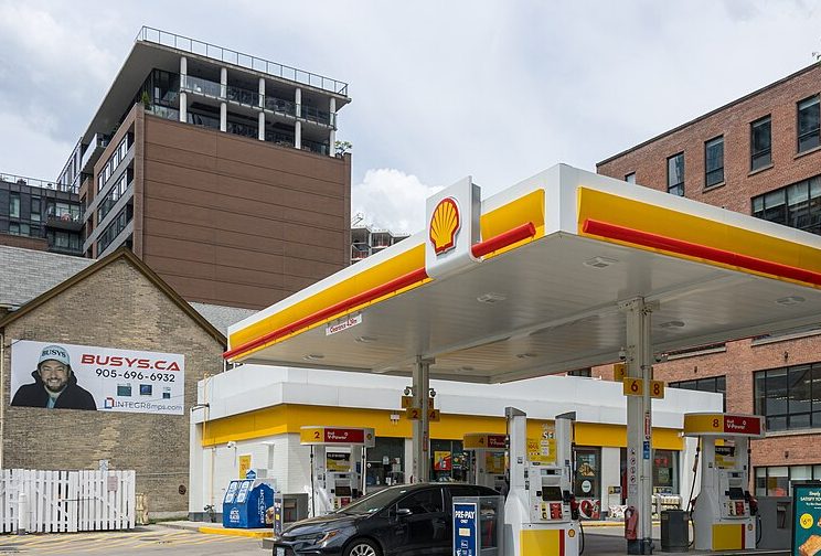 A Shell gas station at Spadina Avenue and Wellington Street in downtown Toronto