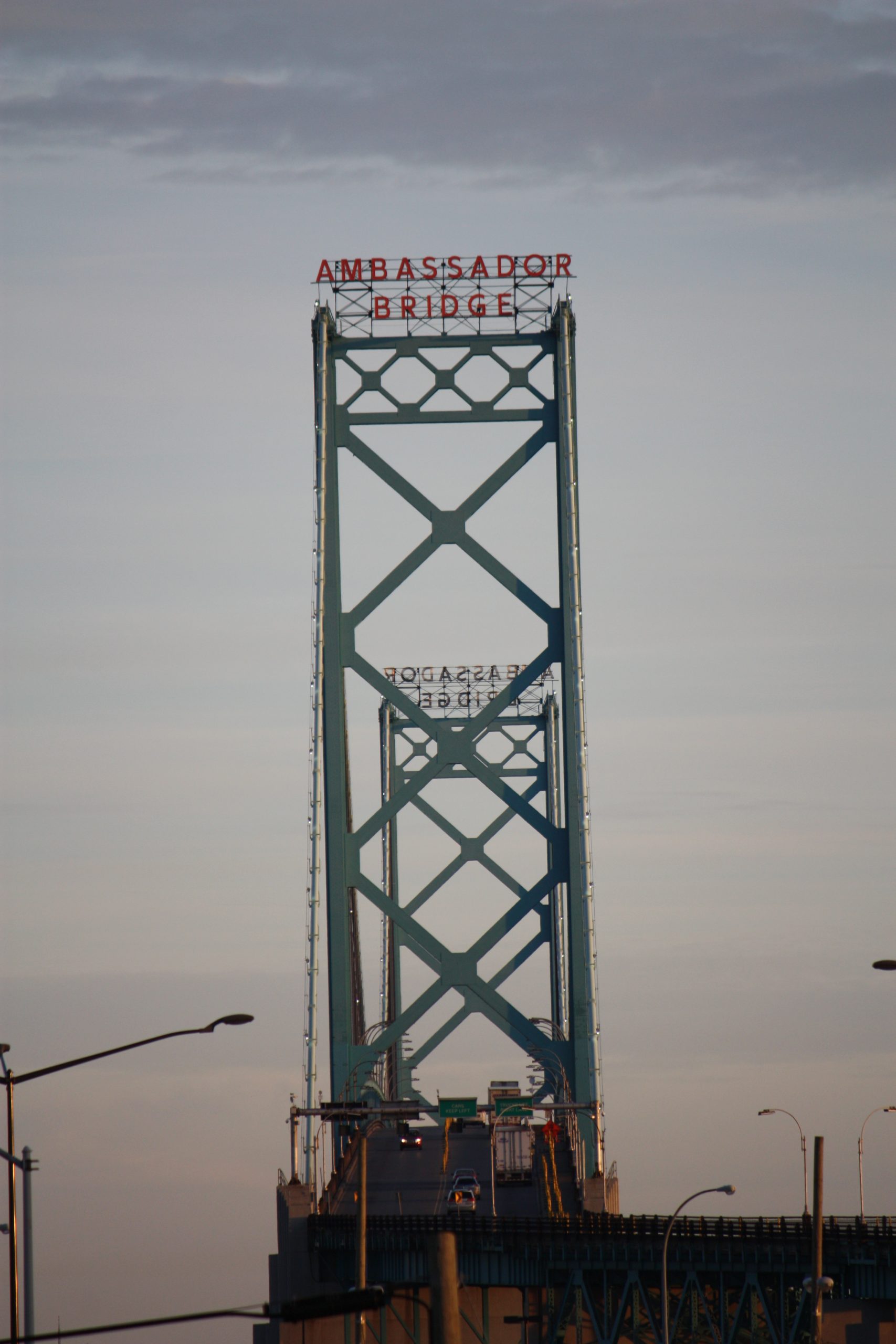 The Ambassador Bridge spanning the Detroit River between Windsor, Ontario and Detroit, Michigan.