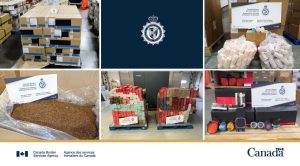 Composite of Canada Border Services Agency seizure photographs: cartons of cigarettes stacked on pallets, sacks of loose tobacco, bags of nicotine pouches and boxed vaping products, with the CBSA crest