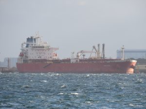 A crude oil tanker at a refinery jetty