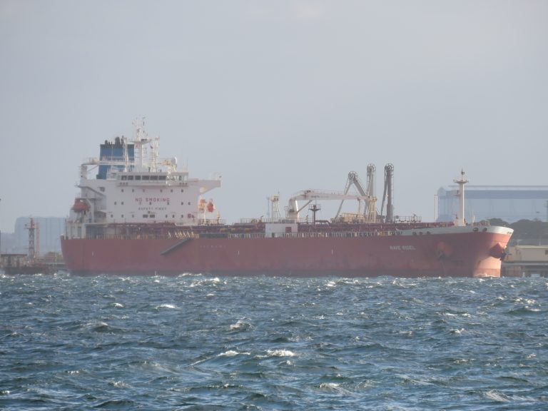 A crude oil tanker at a refinery jetty