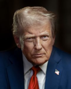 Official portrait of United States President Donald J. Trump, seated against a dark background in a navy suit and red tie