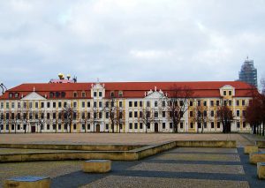 The Landtag of Saxony-Anhalt, the yellow state parliament building on Domplatz in Magdeburg, seen across the empty square