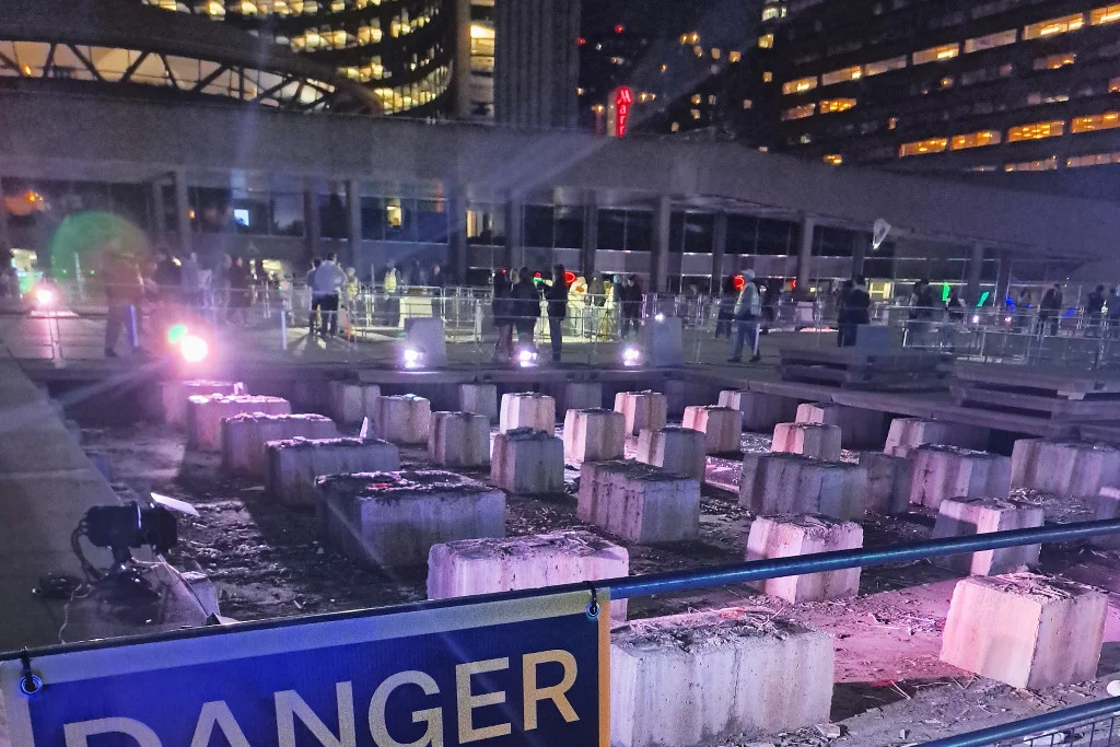 Nuit Blanche 2023 at Nathan Phillips Square A lit installation at Nathan Phillips Square during Nuit Blanche in 2023