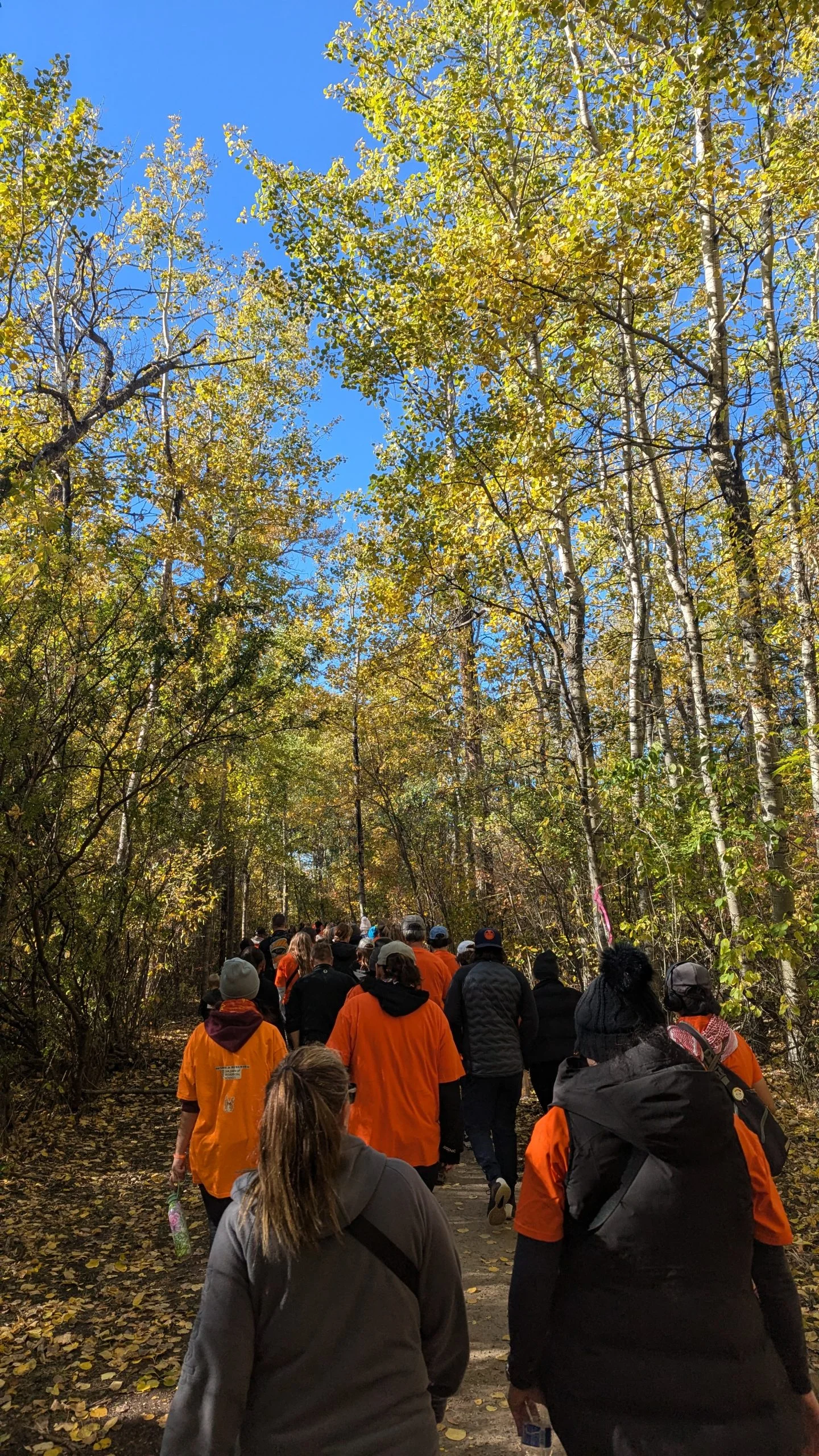 An Orange Shirt Day walk People wearing orange shirts walking along a wooded trail on Orange Shirt Day