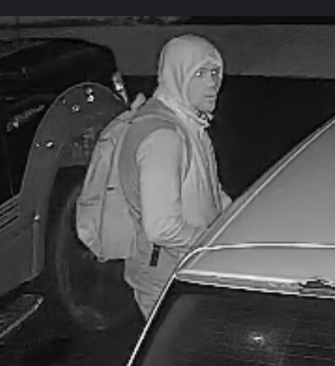 Peel police suspect image 1 — 32 vehicle break-ins, Mississauga (NR 26-170) Security-camera still released by Peel Regional Police: a man in a light hooded top with the hood up and a backpack, standing beside the rear of a light-coloured car in a driveway at night.
