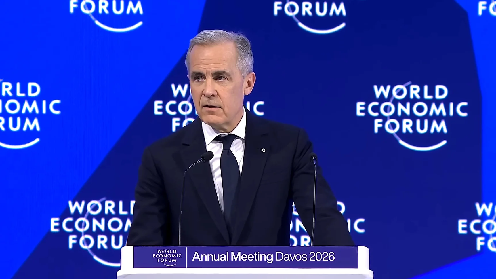 Prime Minister Mark Carney addresses the World Economic Forum Annual Meeting in Davos, 2026