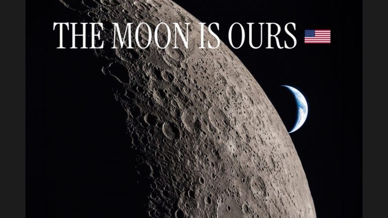 A photograph of the cratered lunar surface with a crescent Earth in the black sky beyond, overlaid with the words “THE MOON IS OURS” and a United States flag emoji.