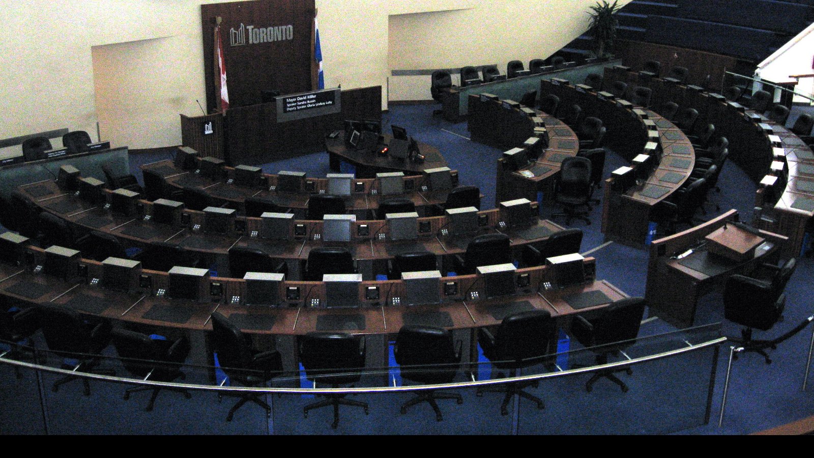 The horseshoe-shaped council chamber inside Toronto City Hall
