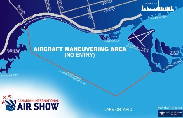 Map of the Lake Ontario marine exclusion zone for the Canadian International Air Show, showing the aircraft manoeuvring area marked no entry. Map of the Lake Ontario marine exclusion zone for the Canadian International Air Show, showing the aircraft manoeuvring area marked no entry.